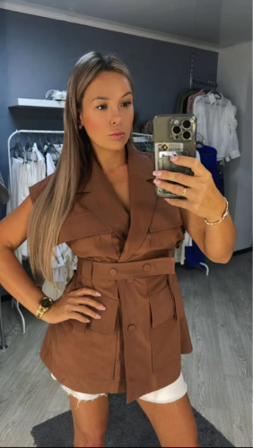 Camisa larga sin mangas ajustable en cintura detalla de 4 bolsas en 3 colores